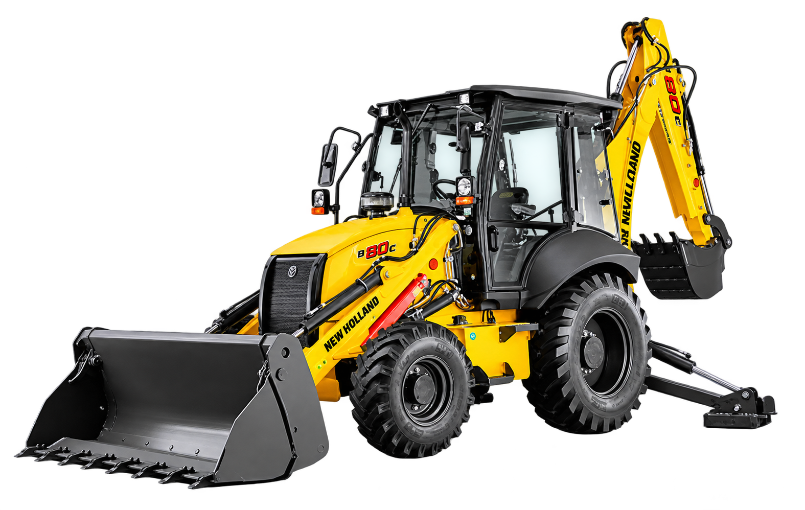 Retroexcavadora New Holland B80C amarilla en vista frontal lateral.